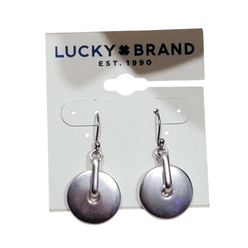 Lucky Brand Silver Tone Round Disc Drop Earrings Brushed Finish Geometric NEW